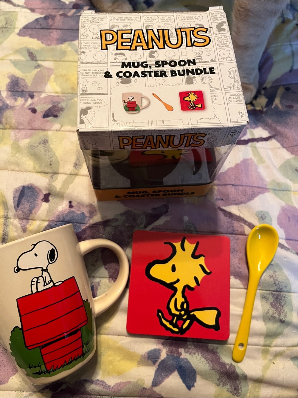 Peanuts Mug, Spoon & Woodstock Coaster - White, Red, Yellow